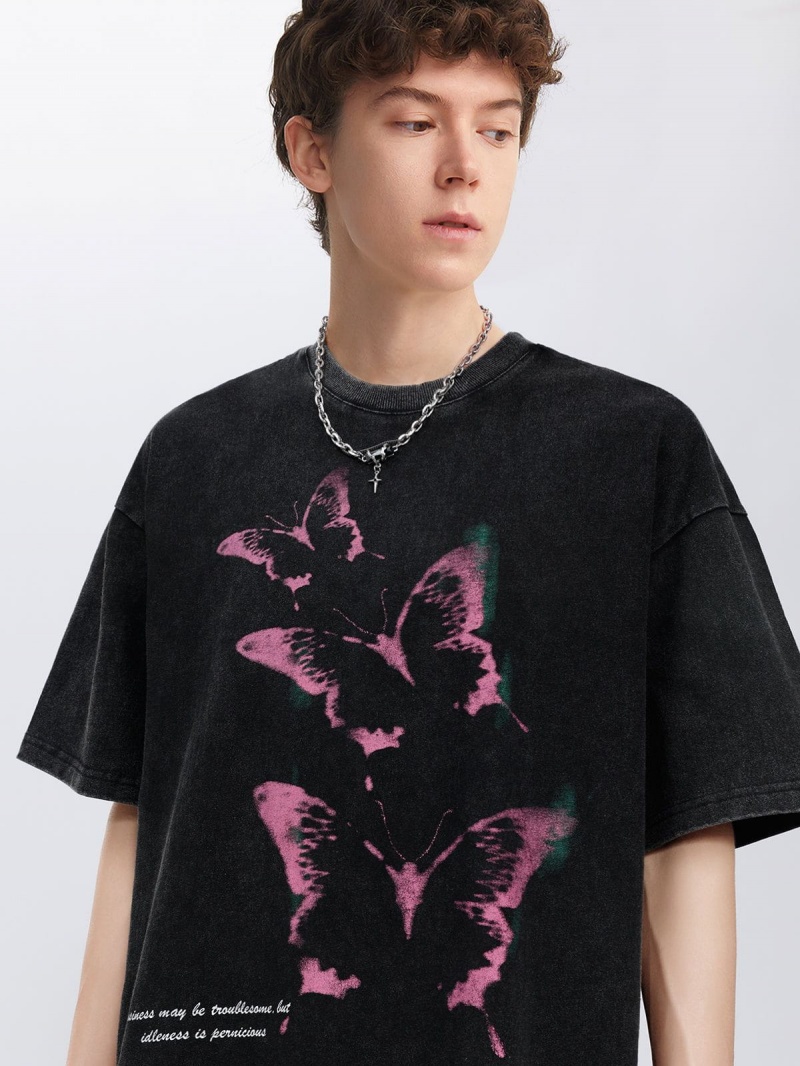 T Shirts Aelfric Eden Washed Butterfly Graphique Tee Noir | EQN-92402399